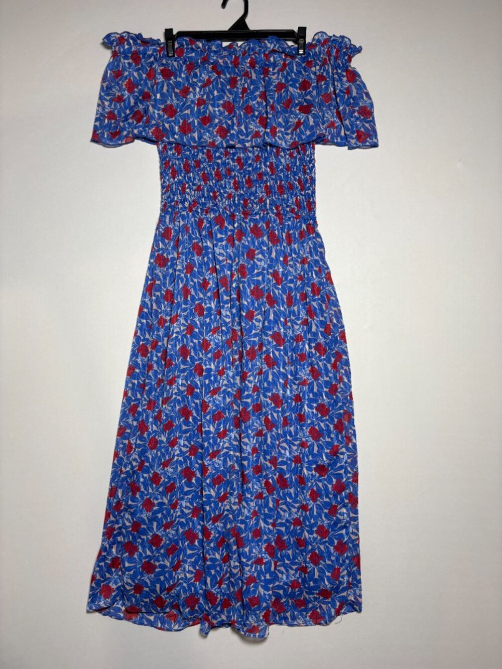 Lucky Brand Blue Red Floral Off-Shoulder Smocked Ruffle Midi Dress Size L